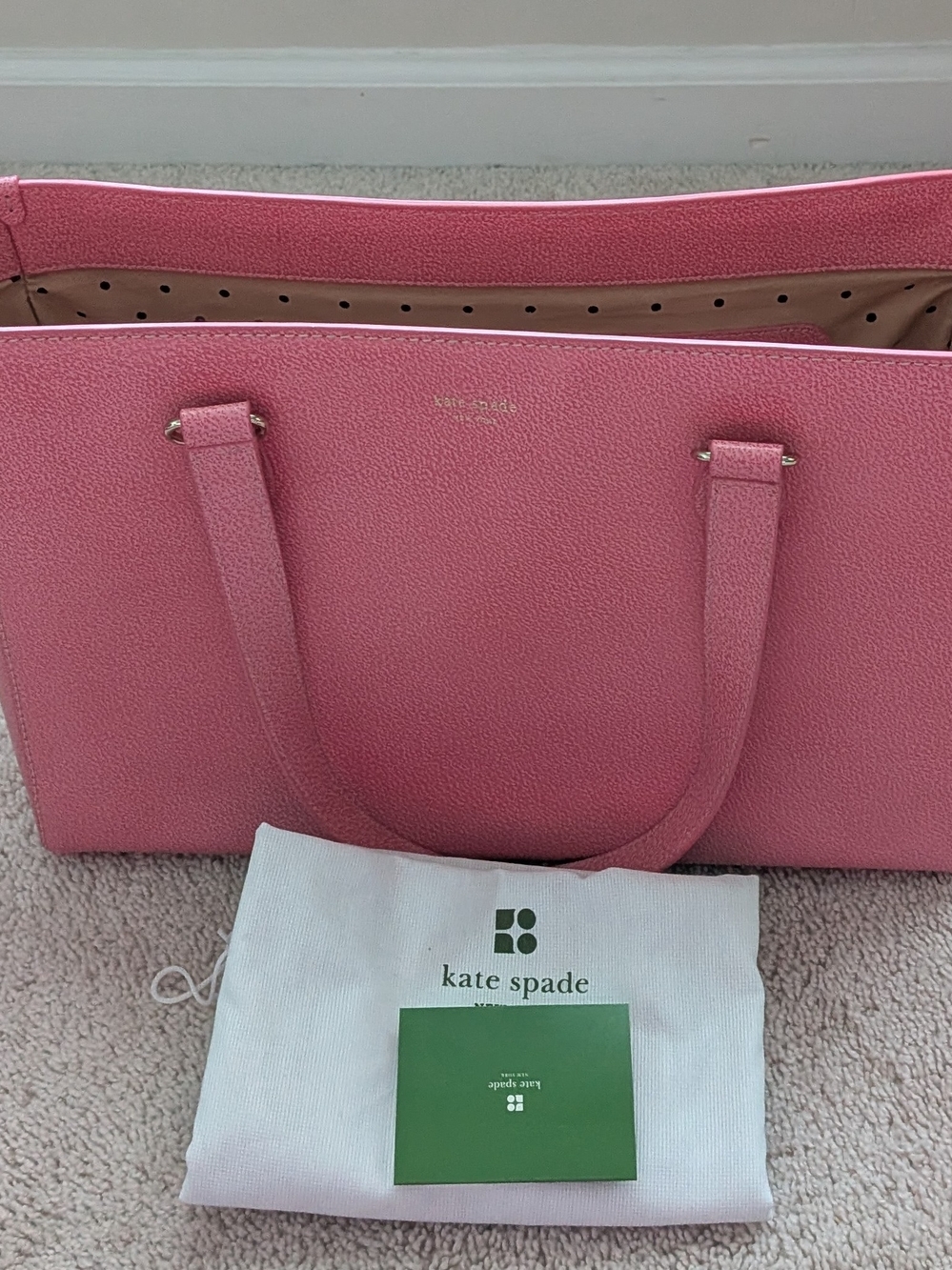 kate spade Pink Pebbled Leather Tote with Polka-Dot Lining. New Without Tag